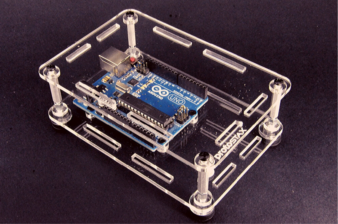 ProtoStax Enclosure / Case in Open Configuration showing Arduino