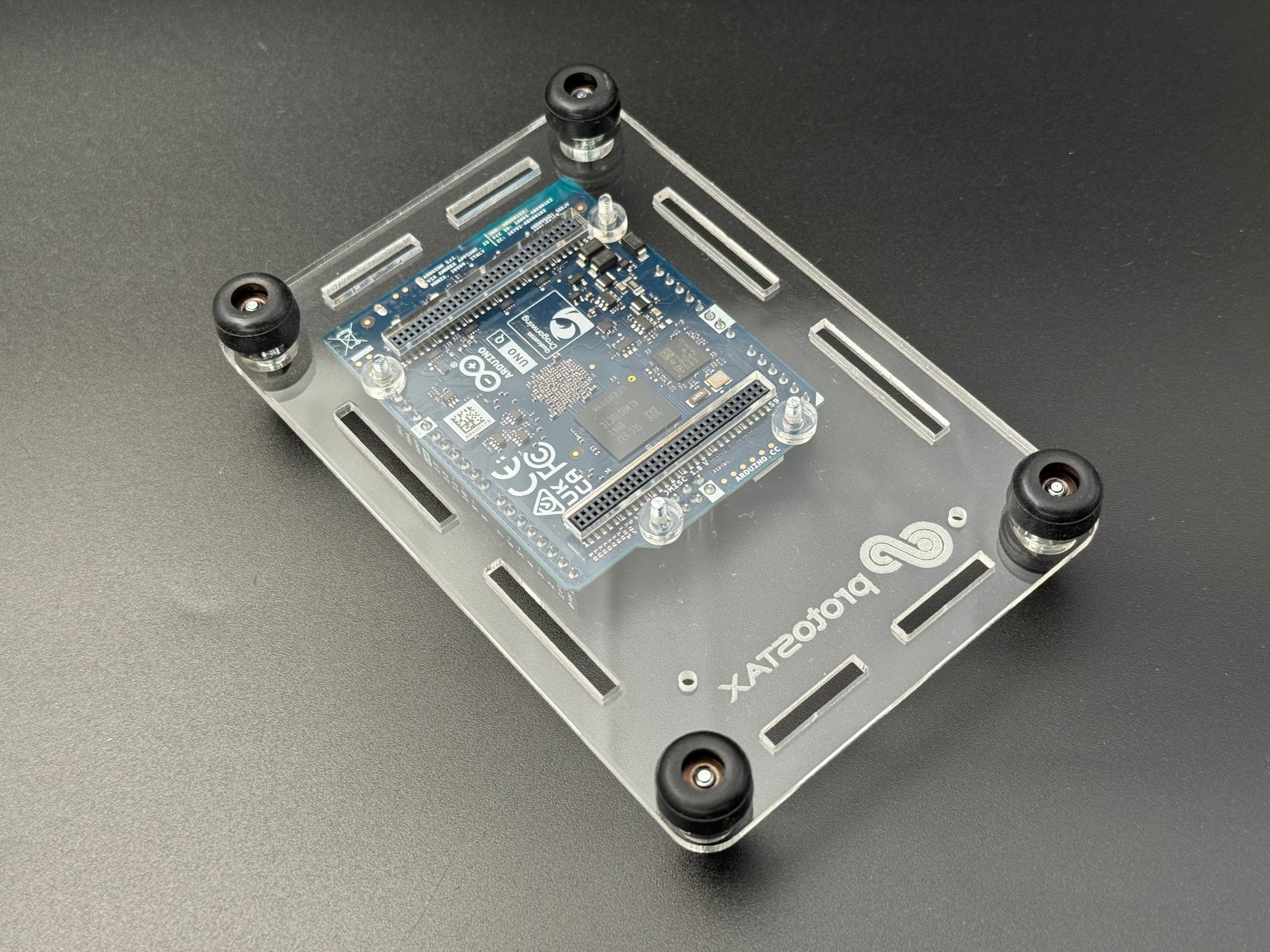 ProtoStax Enclosure for Arduino showing rear cutouts with accessible bottom headers of the Arduino UNO Q