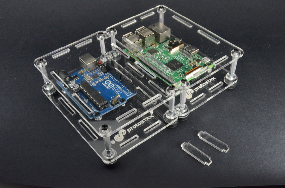 ProtoStax Enclosures - Arduino and Raspberry Pi stacked side-by-side in Open Configuration with horizontal stacking kit connectors
