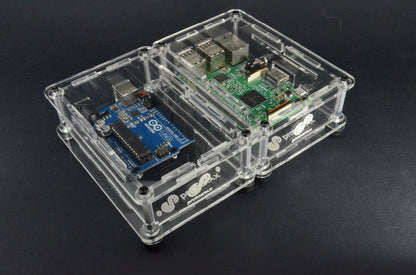 ProtoStax Enclosures - Arduino and Raspberry Pi stacked side-by-side in Open Configuration with horizontal stacking kit connectors and horizontal stacking kit connecting walls