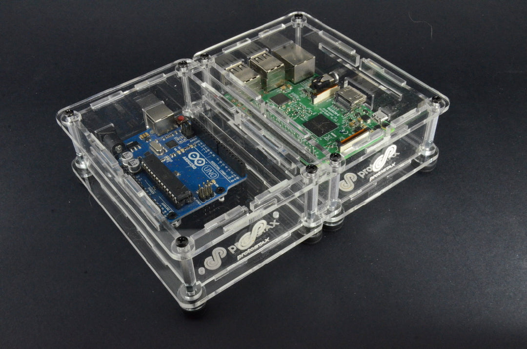 ProtoStax Enclosures - Arduino and Raspberry Pi stacked side-by-side in Open Configuration with horizontal stacking kit connectors and horizontal stacking kit connecting walls