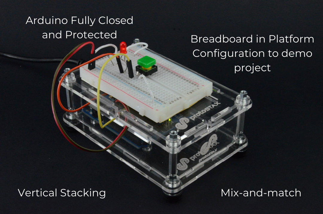 ProtoStax Enclosures - Arduino and Breadboard Enclosures stacked vertically. Arduino enclosure fully enclosed. Breadboard enclosure in Platform Configuration on top