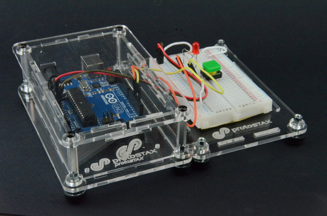 ProtoStax Enclosures - Arduino and Raspberry Pi stacked side-by-side with horizontal stacking kit connectors. Arduino enclosure in Closed Configuration and Bread in Platform configuration