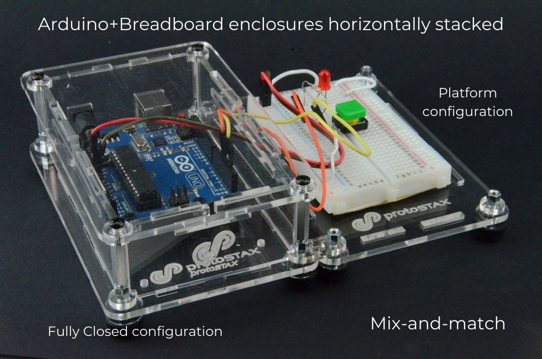 ProtoStax Enclosures - Arduino and Breadboard stacked side-by-side in Fully Closed & Platform Configuration