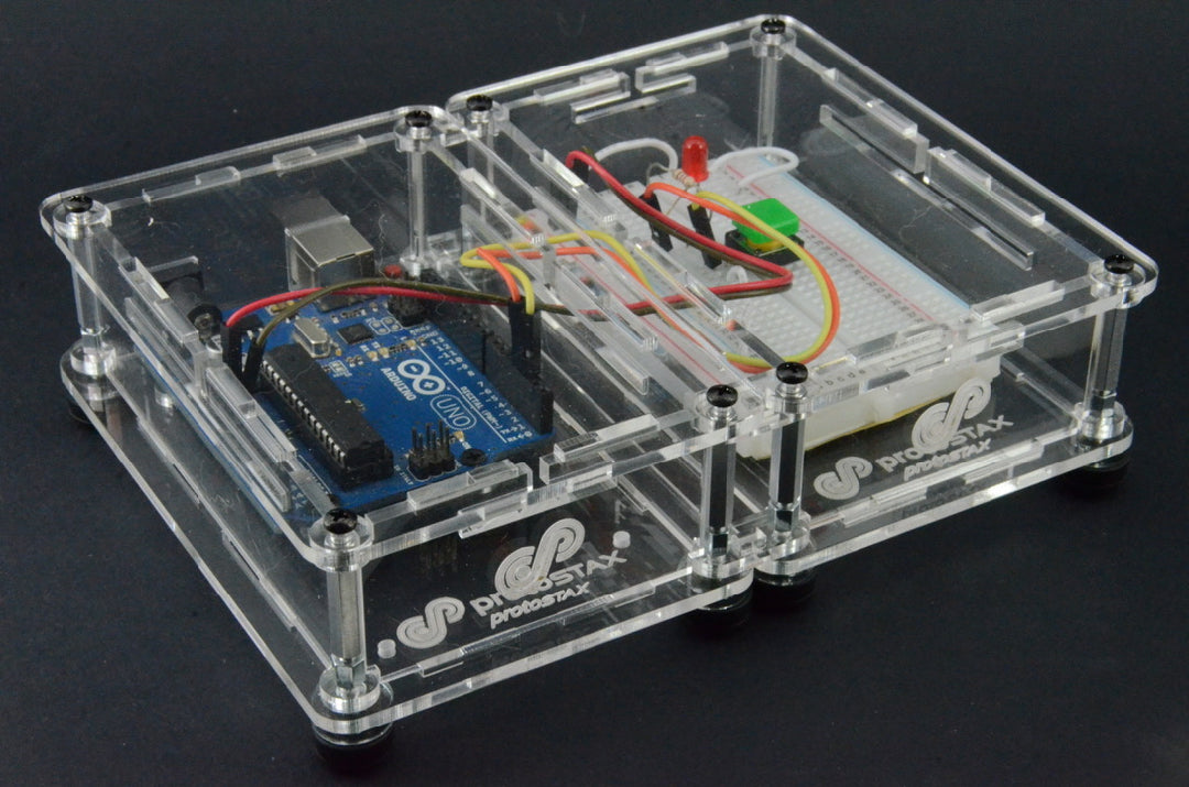 ProtoStax Enclosures - Arduino and Breadboard stacked side-by-side in Closed Configuration with horizontal stacking kit connectors and horizontal stacking kit walls