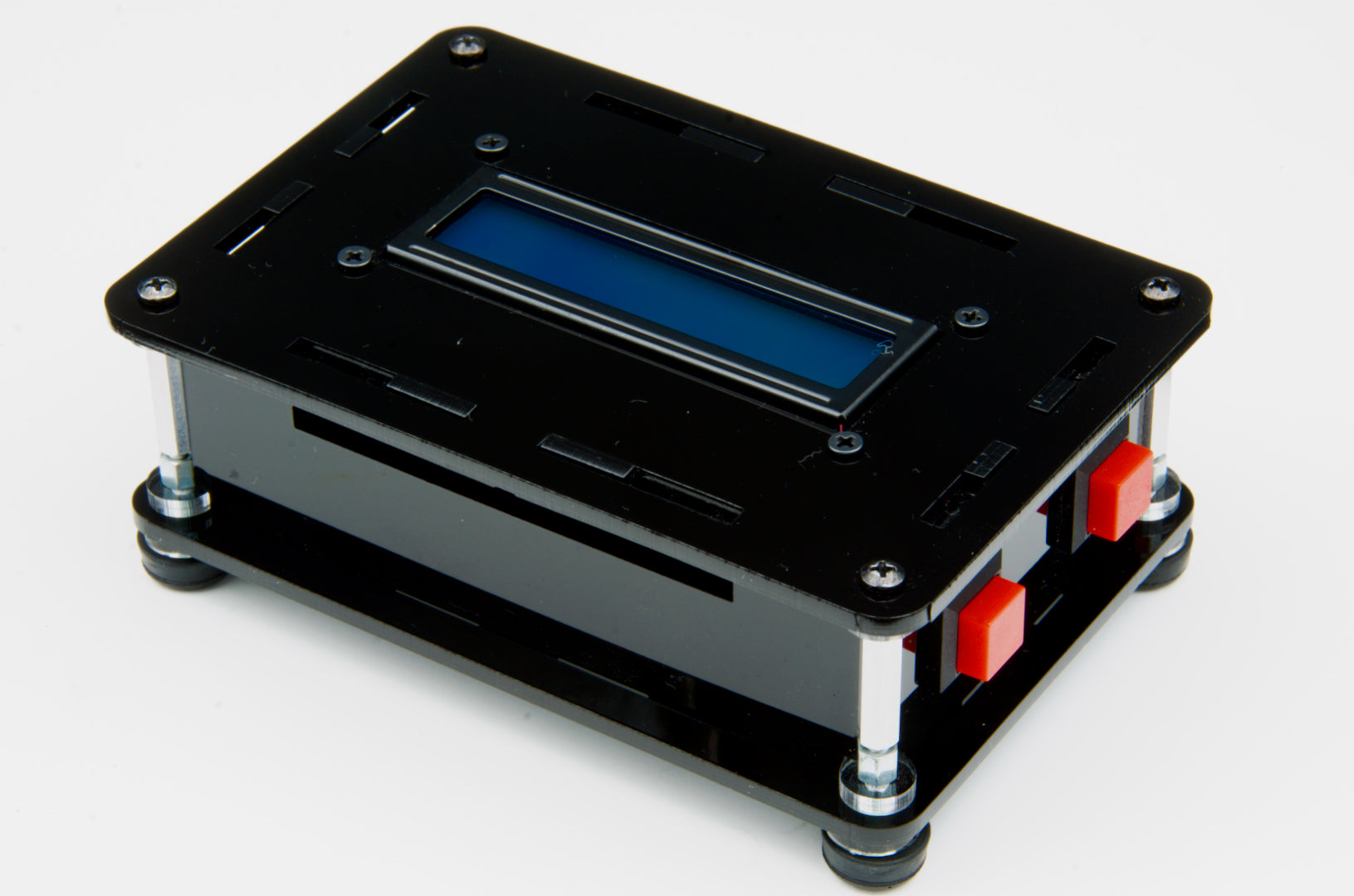 ProtoStax Enclosure with ProtoStax LCD Kit V2 and ProtoStax Kit for Momentary Push Button Switches in Obsidian